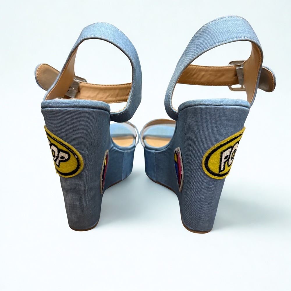 Bamboo Pop Art Womens Denim Patch Platform Wedge‎ Sandals Blue Bomb Heart Size 6 - Picture 5 of 6